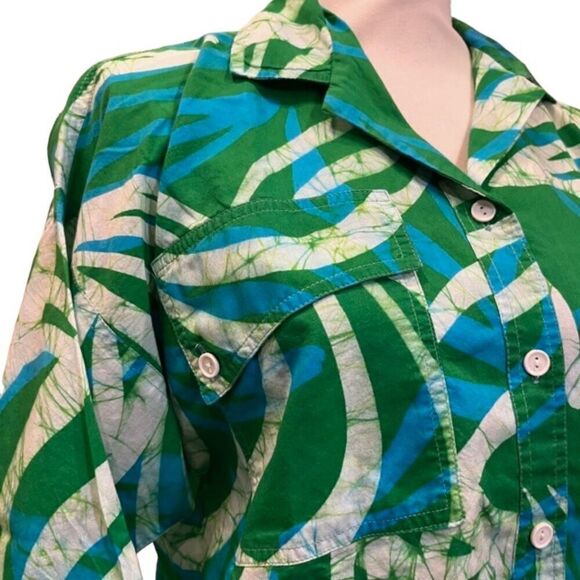 Caribelle Batik St. Kitts Women's Tropical Shirt Green Blue White‎ Palm Size Med - Picture 2 of 9